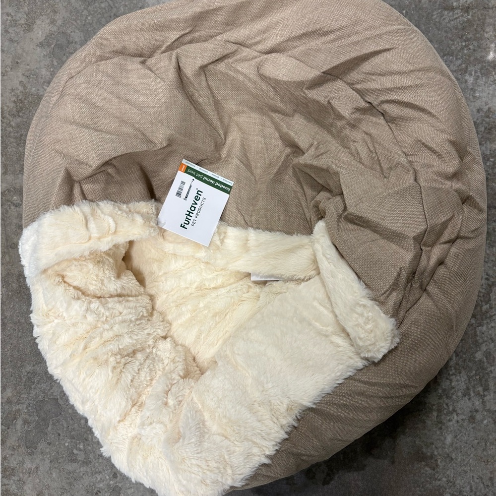 Furhaven 24" Round hooded calming Donut Dog cat pet Bed small flax 12220363